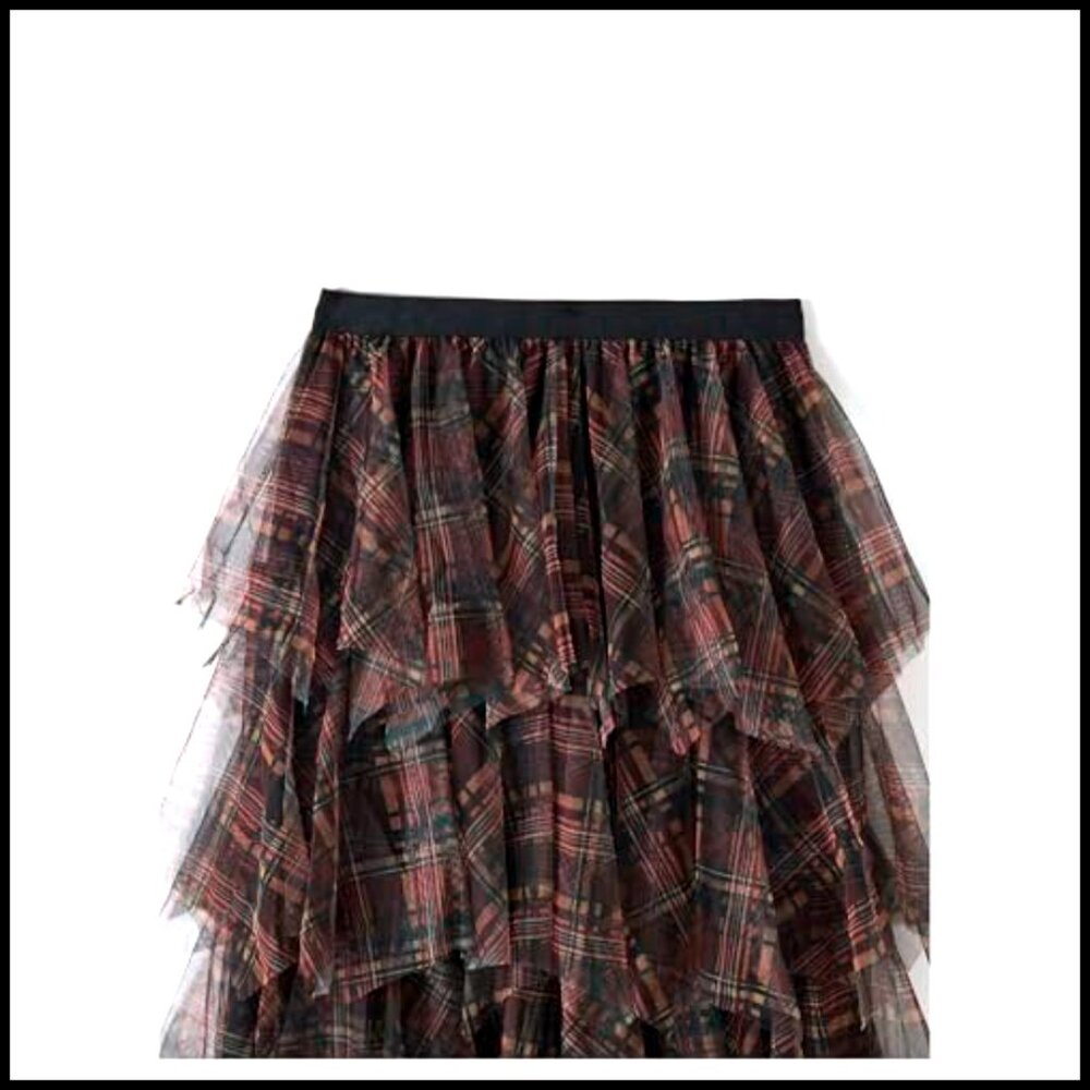 Tulle Mesh Plaid Skirt High Waist A Line Tiered Ruffle Long Skirt - Picture 4 of 5